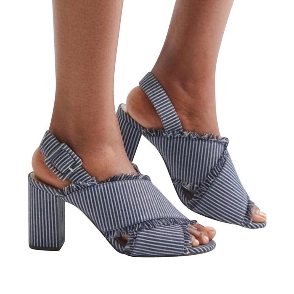 Urban Outfitters Blue Stripe Denim Fringe Block Heel Sandals